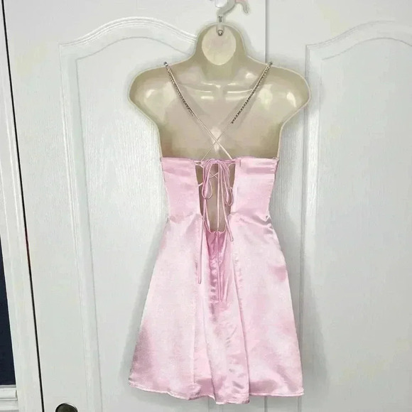 NWOT For Love & Lemons Elora Satin Strappy-Back Mini Pink Dress Size Large - Picture 7 of 12